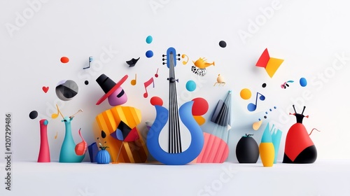 Colorful and Vibrant Abstract Music Scene Featuring Playful Instruments, Whimsical Characters, and Creative Elements in a Stylish Artistic Composition