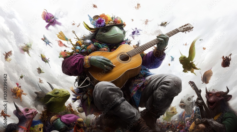 Obraz premium Whimsical Frog Playing Guitar Surrounded by Colorful Creatures in a Magical Fantasy Landscape with Vibrant Flowers and Enchanted Atmosphere