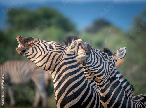 Close-up of two zebras playfully interacting in a lush green savannah setting