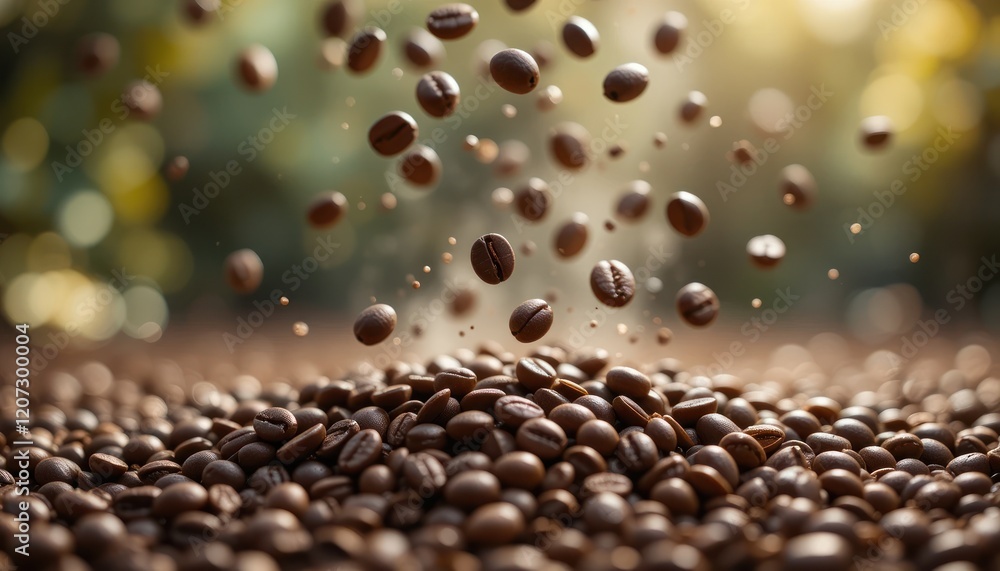 Coffee beans falling onto pile, garden background, motion, delicious Coffee beans falling onto pile, garden background, motion, delicious