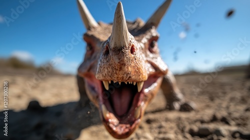 A majestic dinosaur in an aggressive charging pose with sharp teeth and a dust cloud showcases the raw power and prehistoric allure of ancient creatures. photo