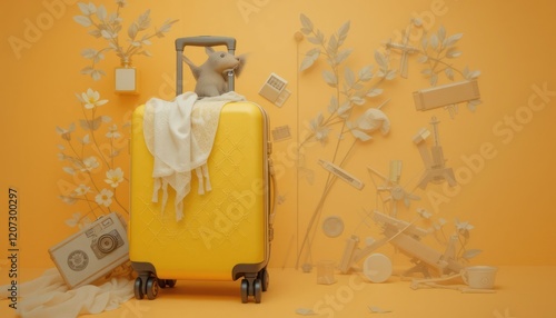 Yellow suitcase, mouse packing, studio, travel prep, autumn background photo