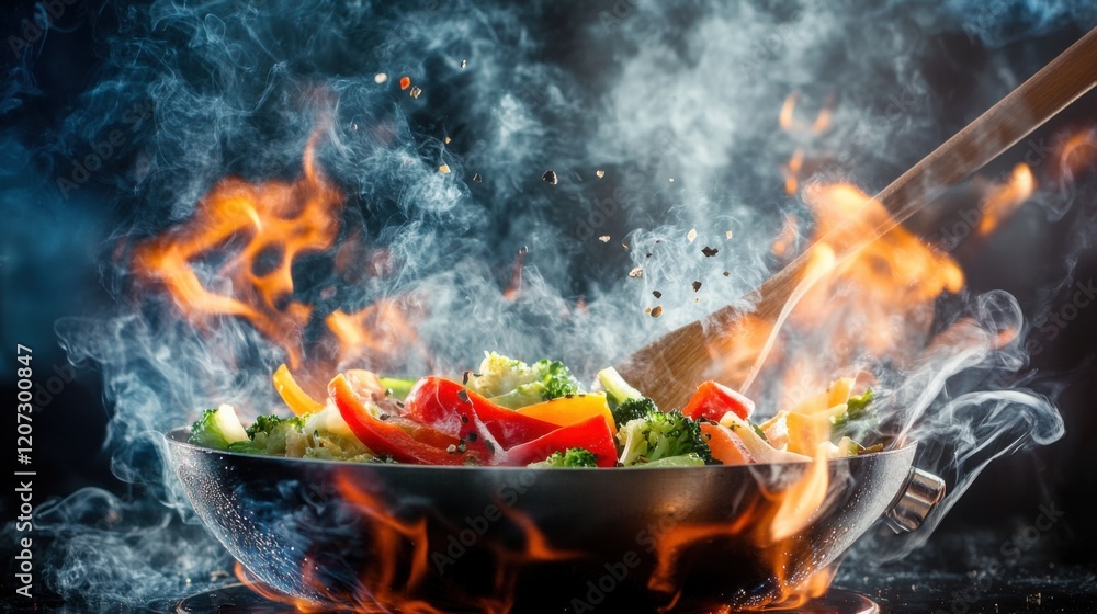 An artistic close-up of flames leaping from a hot pan while a chef stirs saut, with the smoke and fire forming dramatic visuals in slow motion An artistic close-up of flames leaping from a hot pan while a chef stirs saut, with the smoke and fire forming dramatic visuals in slow motion