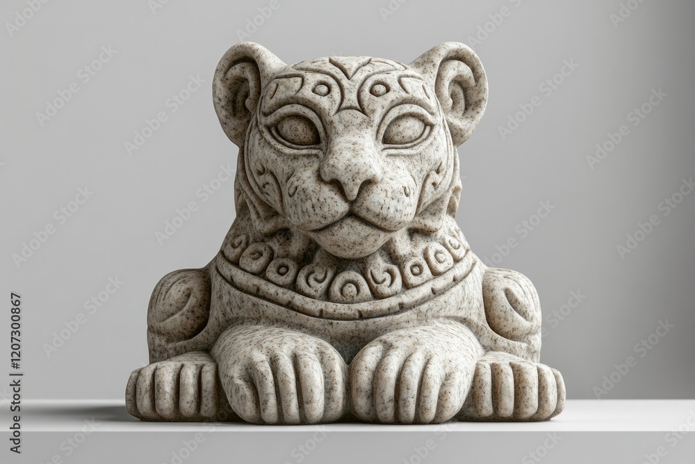 Ornate stone carving of a feline creature, possibly a lion cub, in a seated position, detailed with intricate patterns. Ornate stone carving of a feline creature, possibly a lion cub, in a seated position, detailed with intricate patterns.