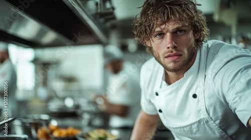 An assertive chef with a focused gaze is preparing dishes in a dynamic kitchen setting, showcasing the artistry and precision involved in the culinary arts. photo