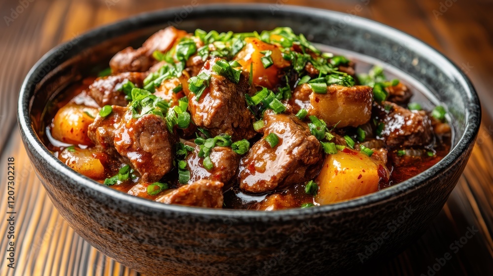 A mouthwatering bowl of rich meat stew garnished with vibrant green onions, presenting a hearty and comforting meal that evokes warmth and satisfaction. A mouthwatering bowl of rich meat stew garnished with vibrant green onions, presenting a hearty and comforting meal that evokes warmth and satisfaction.