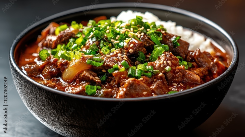 A tempting bowl of savory beef dish served over rice and topped with fresh green onions and sesame seeds, promising a delightful culinary experience full of flavors. A tempting bowl of savory beef dish served over rice and topped with fresh green onions and sesame seeds, promising a delightful culinary experience full of flavors.