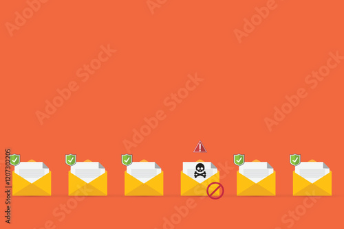 Email / envelope with black document and skull icon. Virus, malware, email fraud, e-mail spam, phishing scam, hacker attack concept. Vector illustration	
