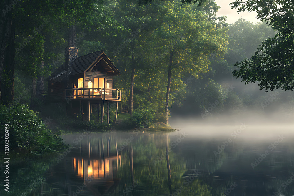 Fototapeta premium Whispers of Serenity A Tranquil Lakeside Retreat at Golden Hour