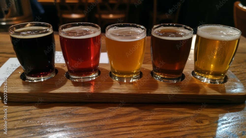 Five assorted beers in a tasting flight on wooden tray Five assorted beers in a tasting flight on wooden tray