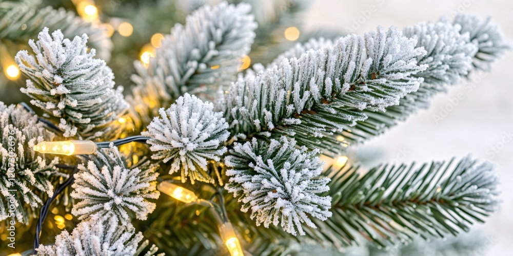 Frosty Pine Branches Glimmering with Warm Lights Festive Winter Wonderland Scene Frosty Pine Branches Glimmering with Warm Lights Festive Winter Wonderland Scene