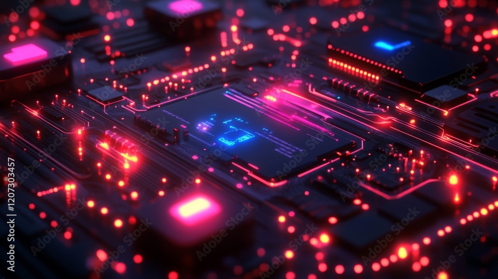 Abstract Glowing Circuit Board with Red and Blue Light Abstract Glowing Circuit Board with Red and Blue Light
