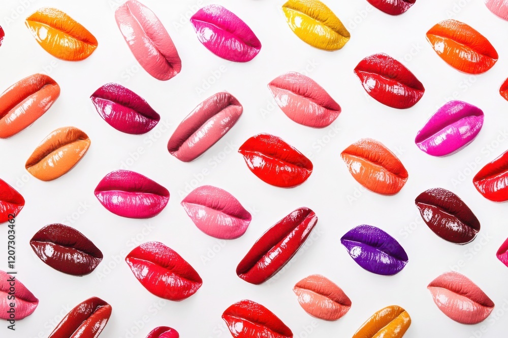 An assortment of women's lipstick prints in bright, dynamic colors on a white background, forming a lively and eye-catching pattern. An assortment of women's lipstick prints in bright, dynamic colors on a white background, forming a lively and eye-catching pattern.
