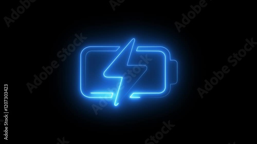 Bright neon electric battery icon power baton icon black background.