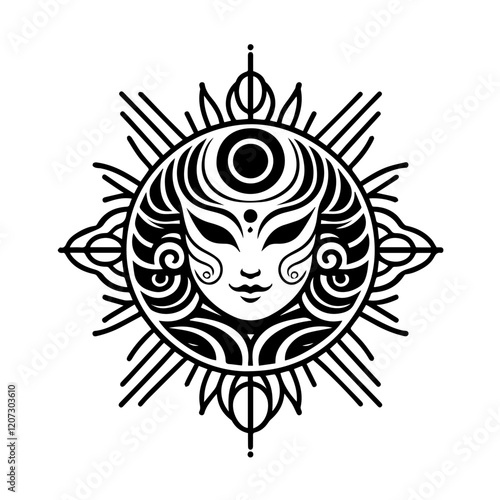 Wallpaper Mural Sun Goddess Mandala: A captivating black and white illustration of a sun goddess mandala, intricate details and symbolic design elements. Perfect for spiritual, mystical, and esoteric themes. Torontodigital.ca