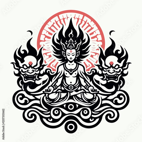 Serene Celestial Being: A stylized illustration of a serene celestial being in lotus position, flanked by two fierce dragon-like creatures, set against a sunburst and cloud backdrop.