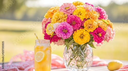 Cheerful summer bouquet of bold zinnias and carnations in bright hues, styled on a picnic table with lemonade and a sunny field in the background.