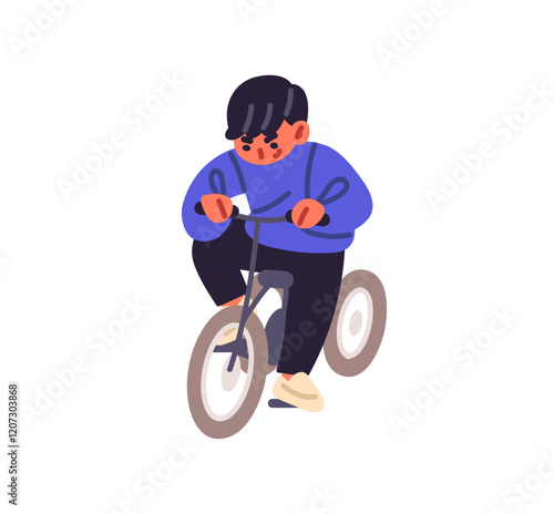 Cute child learning to ride a bike. Happy kid cycling outdoors. Funny boy drives childish bicycle. Little cyclist has fun, training during walk. Flat isolated vector illustration on white background