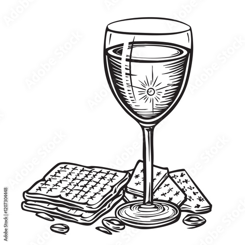 Happy Passover elements with Wine and Matzah in hand drawn doodle style.