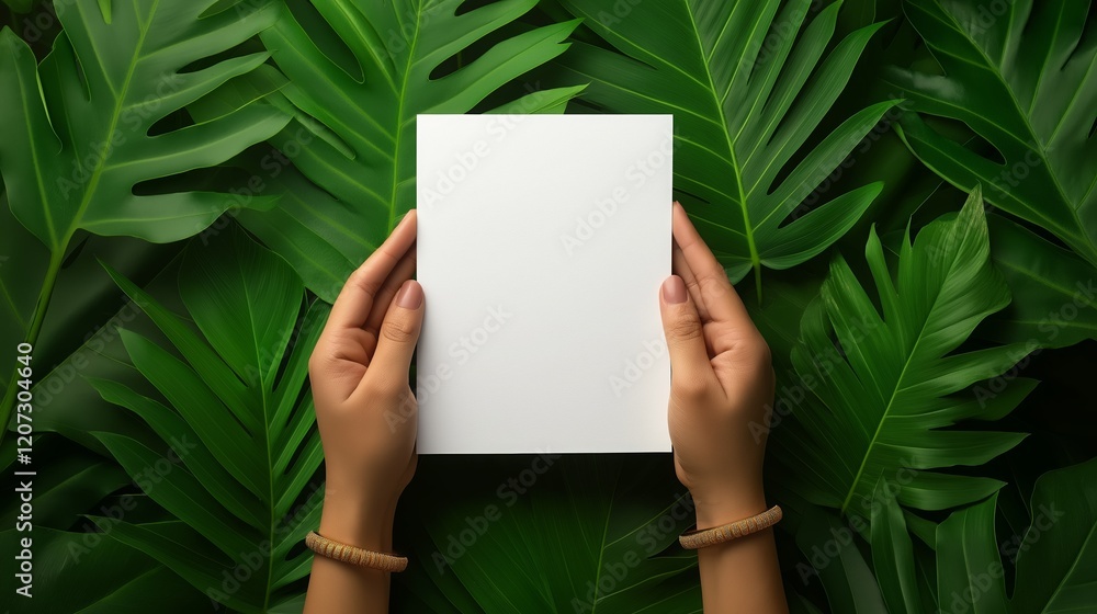 Blank white card held by hands with vibrant tropical green leaves in the background. Blank white card held by hands with vibrant tropical green leaves in the background.