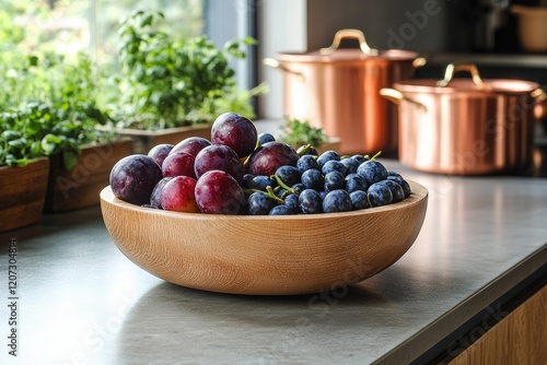 Wallpaper Mural A wooden bowl filled with ripe red and dark grapes sits on a kitchen counter, bathed in natural light. Torontodigital.ca