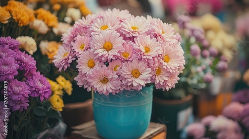 Wallpaper Mural Close-up of soft pink chrysanthemums in a vintage ceramic vase, surrounded by other colorful floral arrangements in a flower shop. Torontodigital.ca