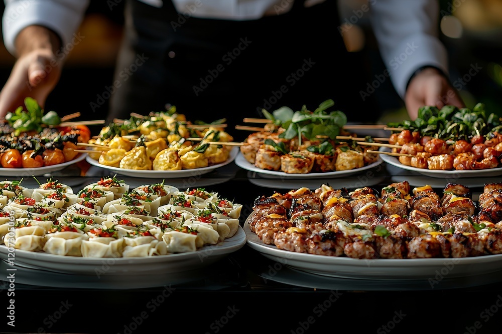 Obraz premium Catering. A waitress from the restaurant serves food to a table