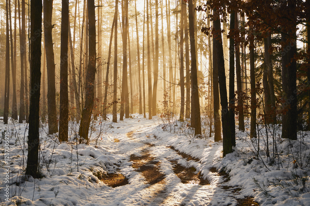 Naklejka premium zima,wschód słońca,mgła,leśna droga