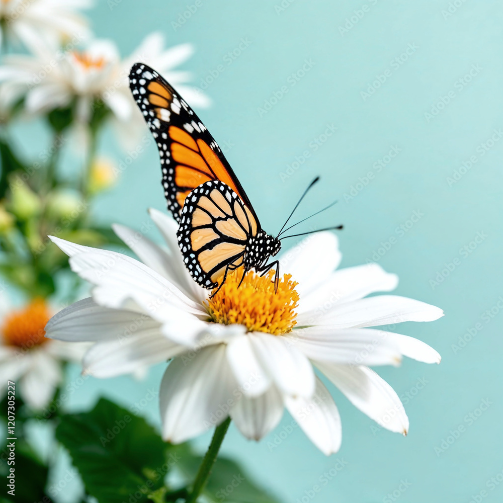 A butterfly is perched on a white flower. Concept of tranquility and beauty, as the delicate butterfly rests on the vibrant flower. The combination of the butterfly's bright colors A butterfly is perched on a white flower. Concept of tranquility and beauty, as the delicate butterfly rests on the vibrant flower. The combination of the butterfly's bright colors