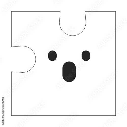 Puzzle piece with surprised face black and white 2D line object. Psychology personality curiosity. Facial expression jigsaw isolated clip art vector outline item. Monochromatic spot illustration