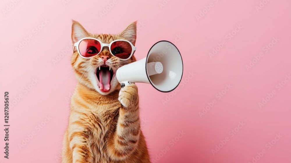 Fototapeta premium Energetic cat with megaphone indoor setting humorous portrait pink background fun concept