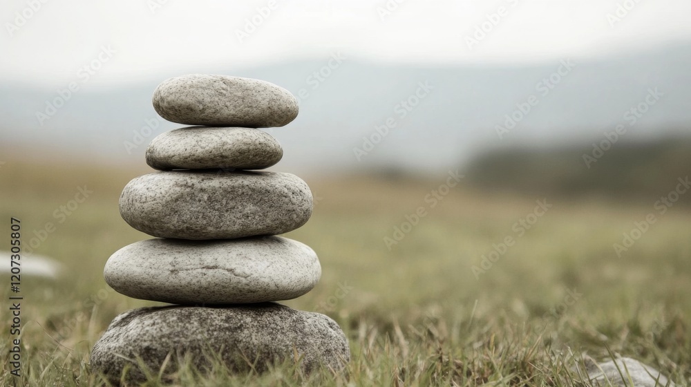 Stacked grey stones in a grassy field. Stacked grey stones in a grassy field.