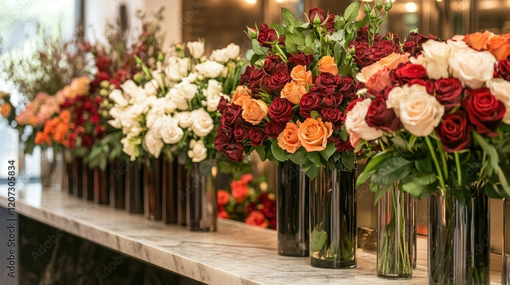 Elegant flower shop interior featuring tall vases of roses in deep reds, whites, and oranges, styled on marble counters. Elegant flower shop interior featuring tall vases of roses in deep reds, whites, and oranges, styled on marble counters.