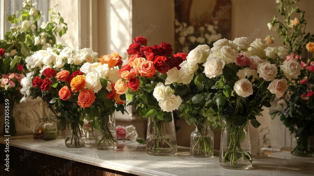 Elegant flower shop interior featuring tall vases of roses in deep reds, whites, and oranges, styled on marble counters. Elegant flower shop interior featuring tall vases of roses in deep reds, whites, and oranges, styled on marble counters.