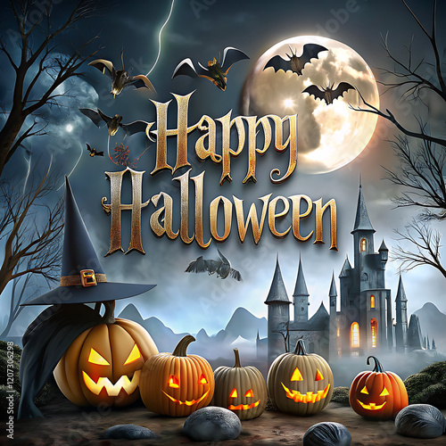 Halloween atmosphere with a palace background with lots of clouds and bats with a Halloween theme, lots of Halloween accessories, outdoor events, with the addition of the text 