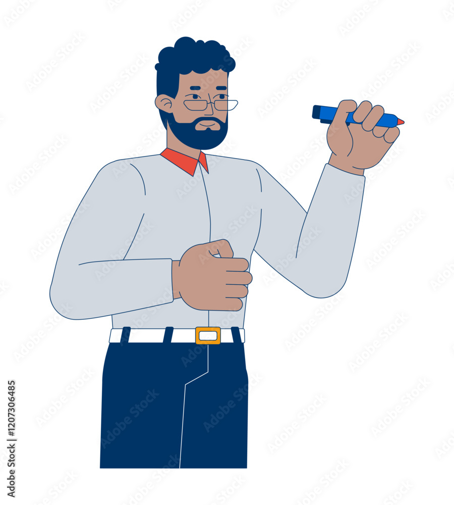 Professional african american man writing with pen marker 2D cartoon character. Goal-oriented black entrepreneur isolated person flat vector on white background. Spot illustration colorful Professional african american man writing with pen marker 2D cartoon character. Goal-oriented black entrepreneur isolated person flat vector on white background. Spot illustration colorful