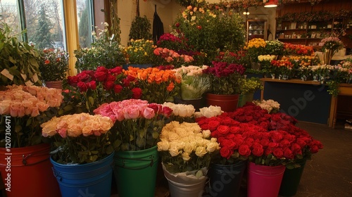 Wallpaper Mural Florist arranging bouquets in a flower shop, with colorful buckets of freshly cut roses and greenery surrounding the workspace. Torontodigital.ca