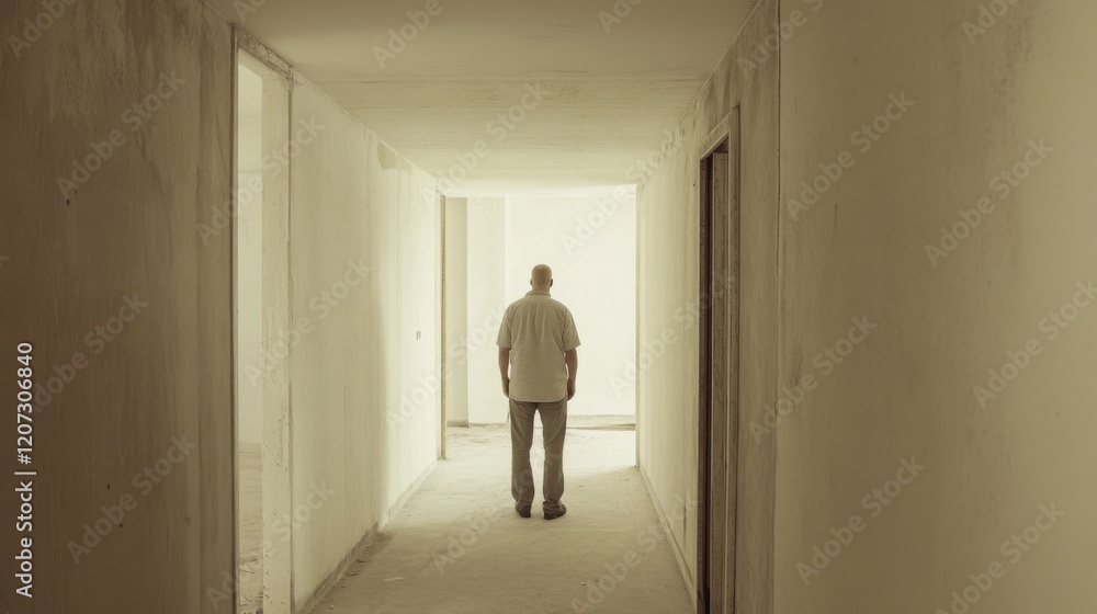 Fototapeta premium A man stands in an empty, unfinished hallway, looking towards a bright light at the end.