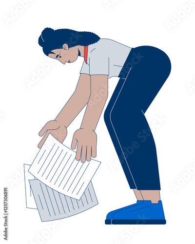 Clumsy female hispanic employee dropping documents 2D cartoon character. Office worker woman collecting scattered papers isolated person flat vector on white background. Spot illustration colorful