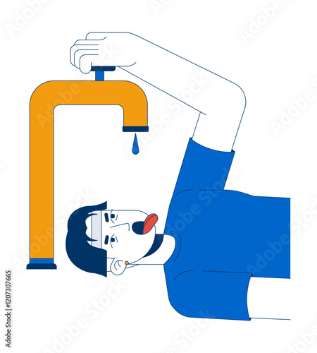 Water scarcity 2D illustration concept. Drought environmental issue. Thirsty asian man struggling with dry tap and droplet cartoon character isolated on white. Metaphor abstract flat vector graphic