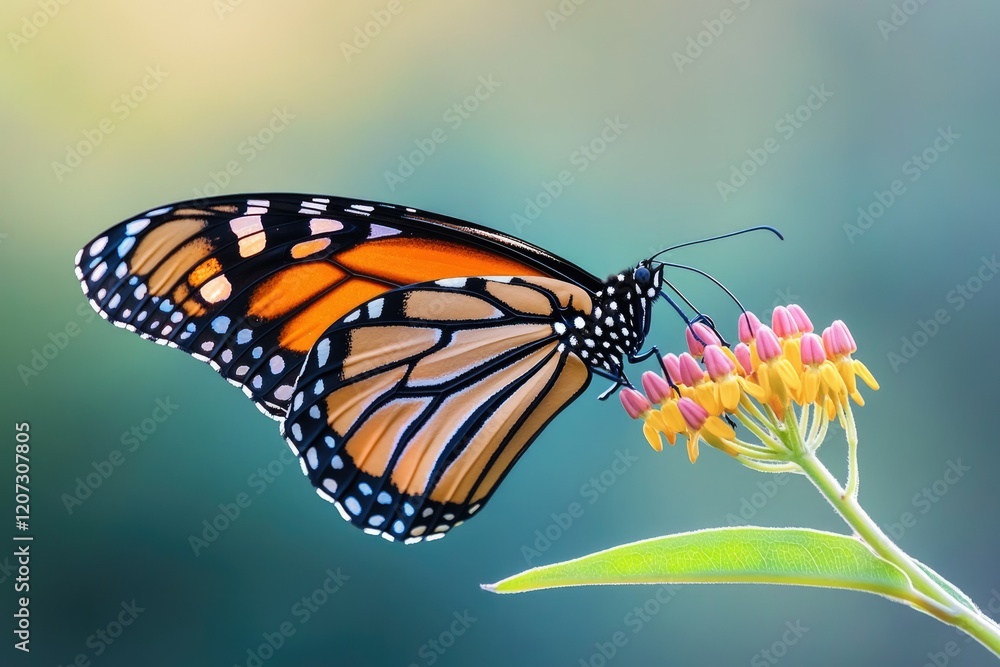 Fototapeta premium A Monarch butterfly with vibrant orange and black wings delicately feeding on a cluster of pink and yellow flowers.