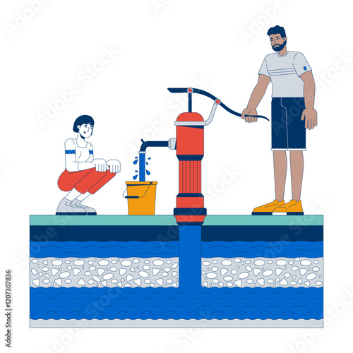 Hand water pump usage for groundwater extraction cartoon flat illustration. Black man filling bucket with waterpump, woman crouching 2D characters isolated on white background. Vector colorful image