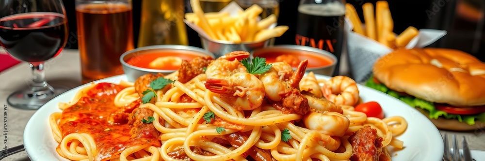 Variety of delicious fast food dishes and beverages displayed on wooden table in a restaurant setting, pasta, alcohol drinks, seafood Variety of delicious fast food dishes and beverages displayed on wooden table in a restaurant setting, pasta, alcohol drinks, seafood