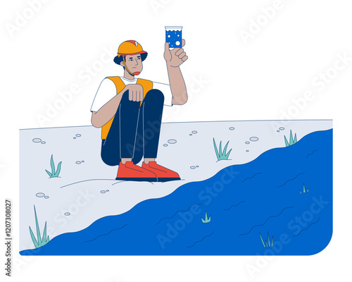 Field worker testing river water quality cartoon flat illustration. Fieldwork. Environmental scientist water contamination sample 2D character isolated on white background. Vector colorful image