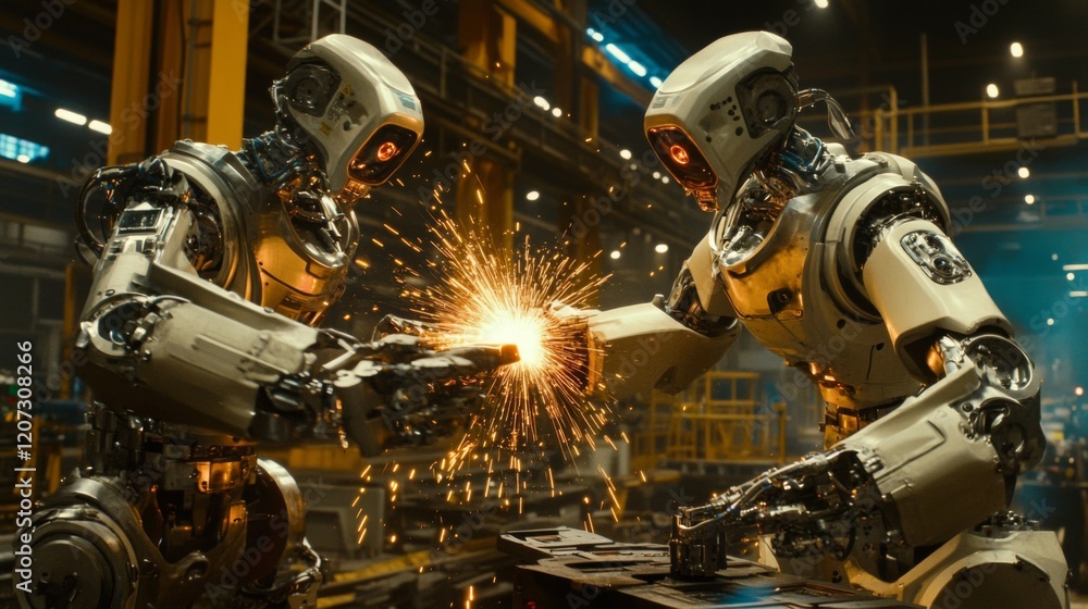 Two robots welding metal in a futuristic factory Two robots welding metal in a futuristic factory