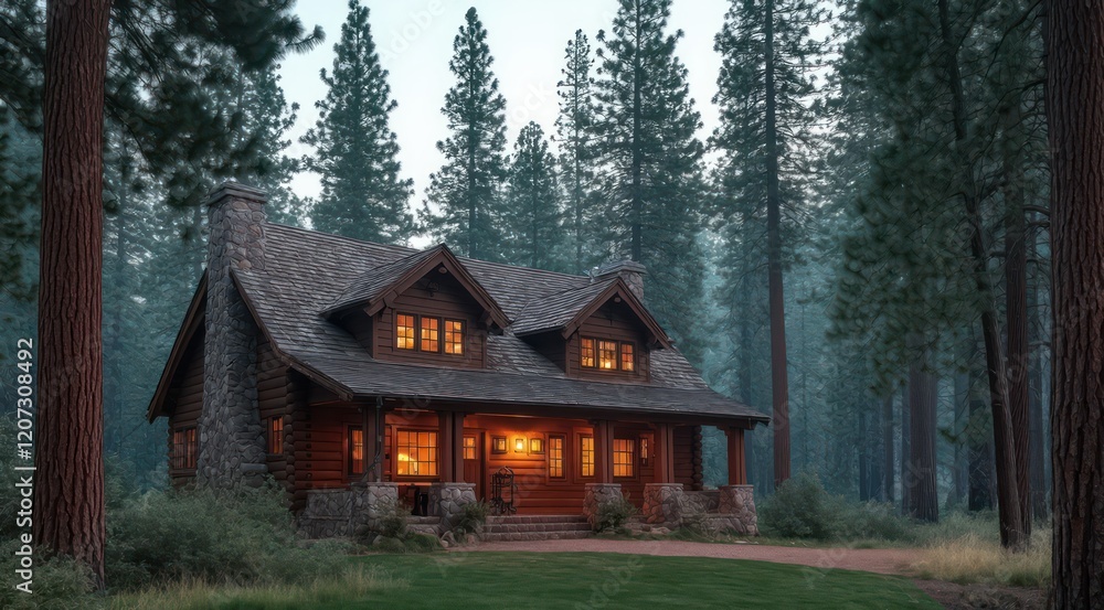 Cozy log cabin nestled among tall pine trees at dusk. Cozy log cabin nestled among tall pine trees at dusk.