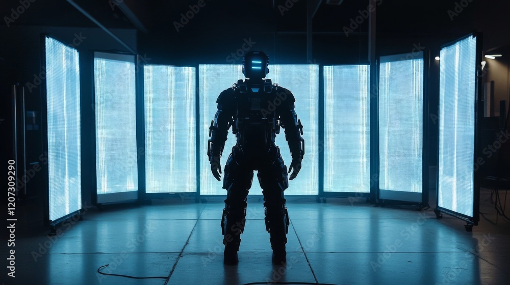 Obraz premium Silhouette of a powerful humanoid robot standing in a futuristic digital environment