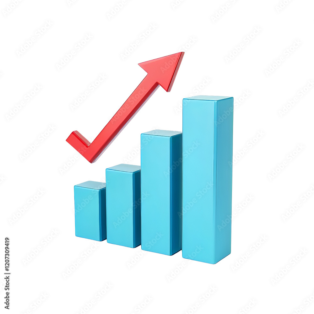 3D Growth graph up arrow chart isolated on transparent Png background with illustration graphic icon profit.