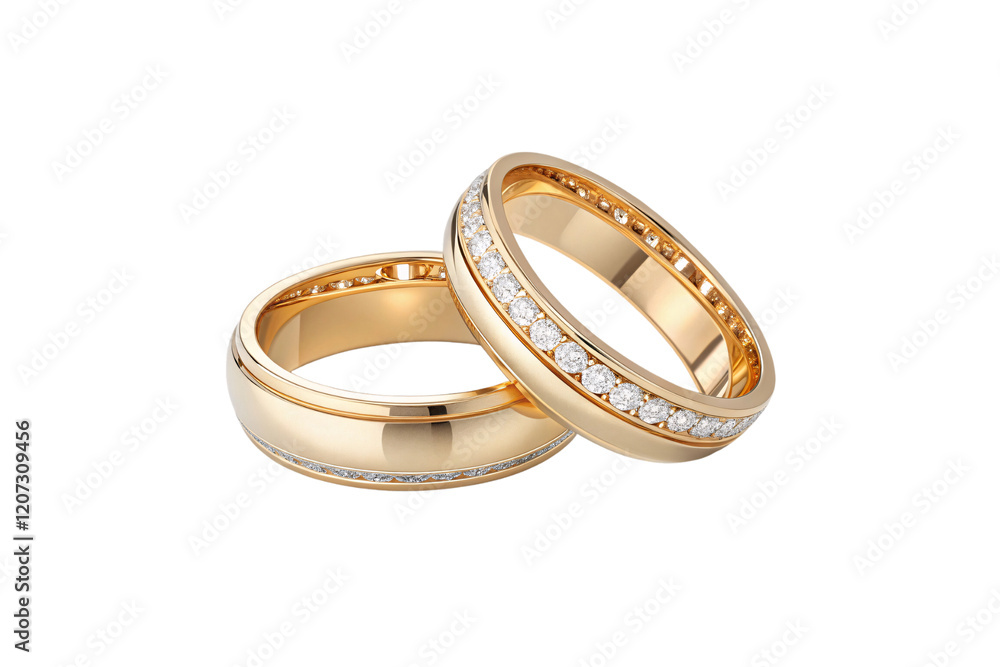 Gleaming yellow gold rings with diamonds embedded in a continuous circle, embodying eternal love and glamour. Isolated on a transparent background Gleaming yellow gold rings with diamonds embedded in a continuous circle, embodying eternal love and glamour. Isolated on a transparent background