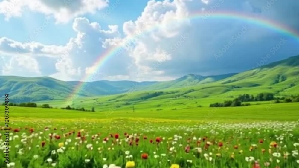magical green spring landscape with rainbow - vibrant flowers and sunny meadow 4k video, landscape with rainbow